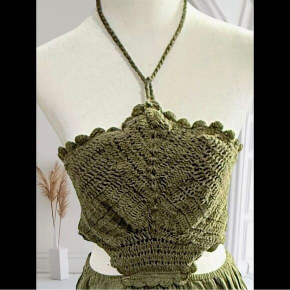 Aerie Pool To Party Boho Olive Green Crochet Halter Mini Cottagecore Dress Sz M - Picture 11 of 11